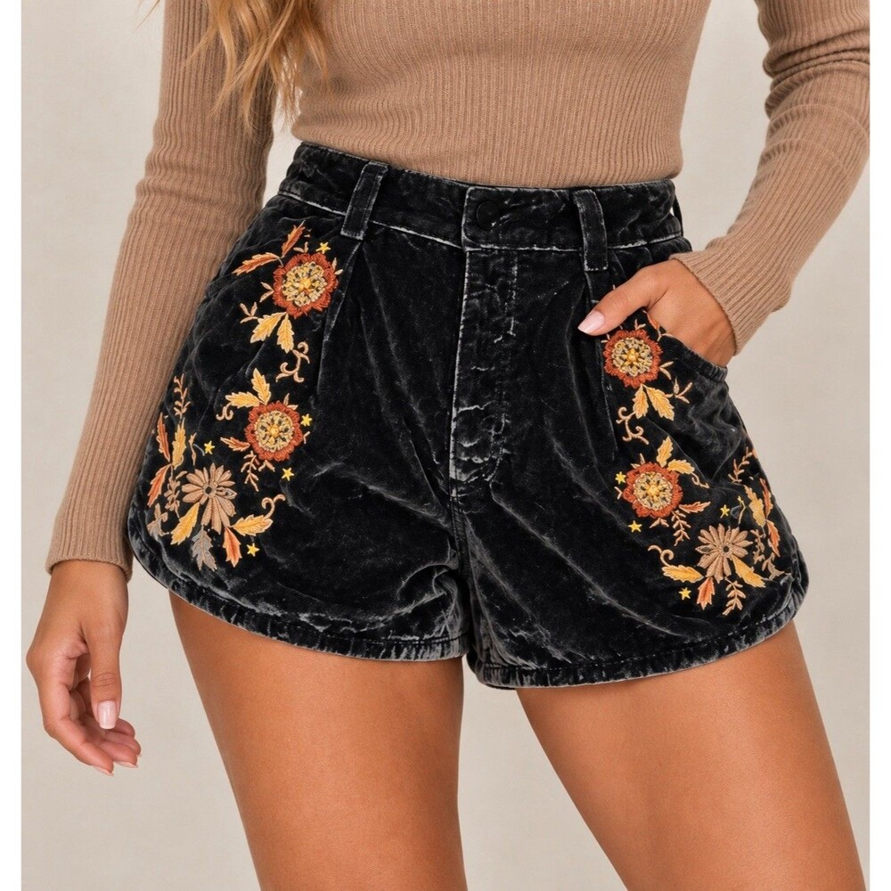 Free People Wild Roses Embroidered Shorts Womens 10 Black Velvet Floral Boho
